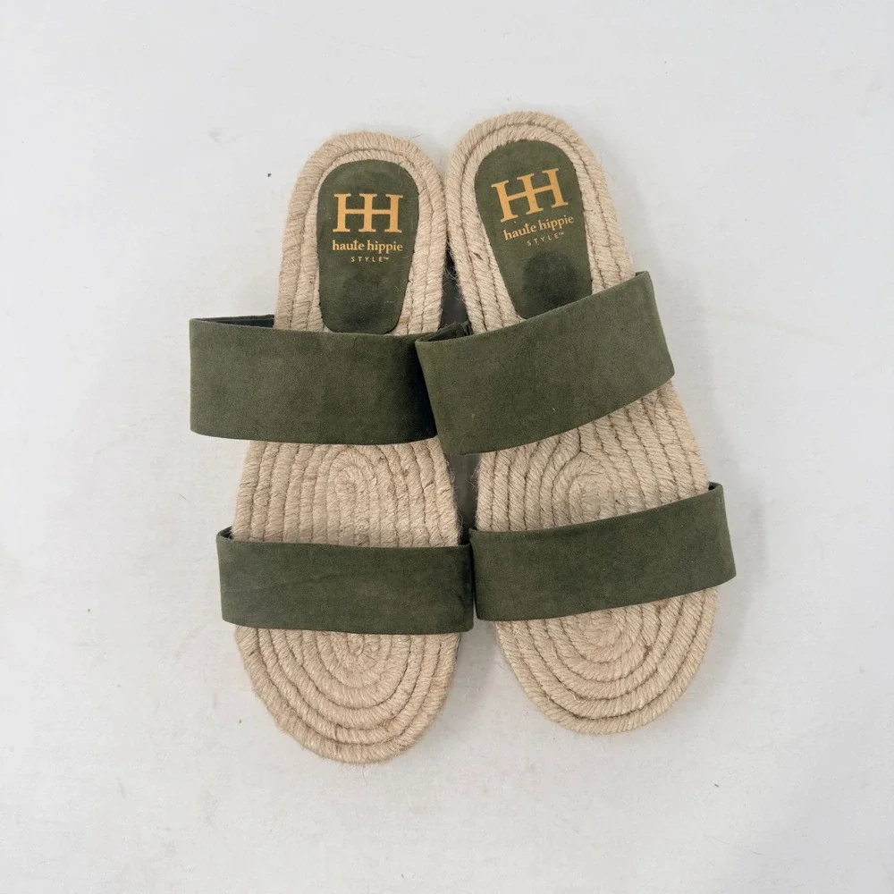 Haute Hippie Nori Espadrille Slide Sandals Suede Double Strap Olive Green Flat